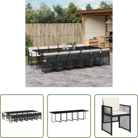vidaXL Cojines para sillas -  Set comedor de jardín con cojines 13 pzas ratán sintético negro