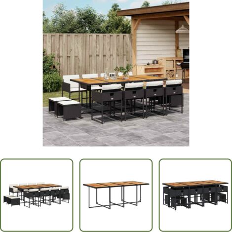 vidaXL Cojines para sillas -  Set comedor de jardín con cojines 13 pzas ratán sintético negro