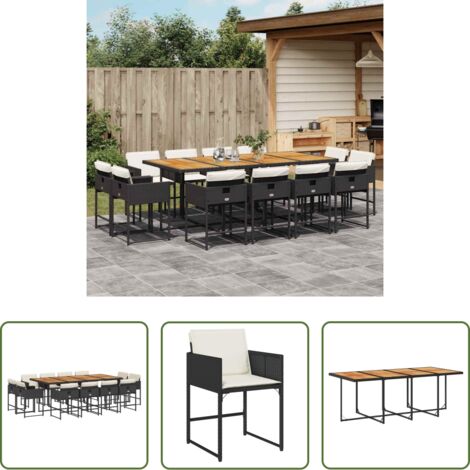 vidaXL Cojines para sillas -  Set comedor de jardín con cojines 13 pzas ratán sintético negro