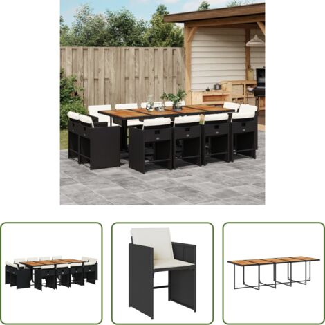 vidaXL Cojines para sillas -  Set comedor de jardín con cojines 13 pzas ratán sintético negro