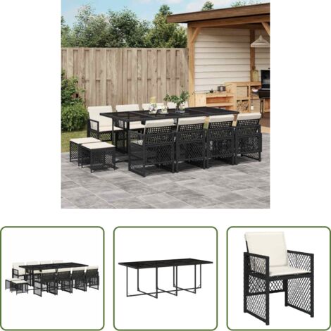 vidaXL Cojines para sillas -  Set comedor de jardín con cojines 13 pzas ratán sintético negro