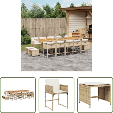 vidaXL Cojines para sillas -  Set comedor de jardín con cojines 15 pzas ratán sintético beige