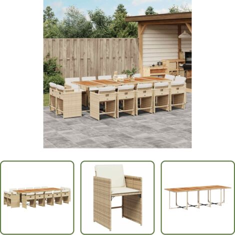 vidaXL Cojines para sillas -  Set comedor de jardín con cojines 15 pzas ratán sintético beige