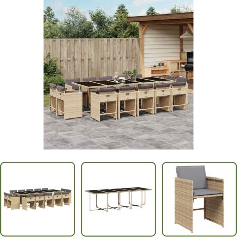 vidaXL Cojines para sillas -  Set comedor de jardín con cojines 15 pzas ratán sintético beige