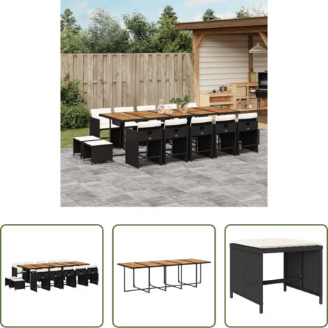 vidaXL Cojines para sillas -  Set comedor de jardín con cojines 15 pzas ratán sintético negro
