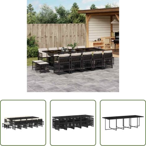 vidaXL Cojines para sillas -  Set comedor de jardín con cojines 15 pzas ratán sintético negro