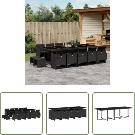 vidaXL Cojines para sillas -  Set comedor de jardín con cojines 15 pzas ratán sintético negro