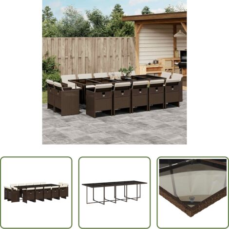 vidaXL Cojines para sillas -  Set comedor de jardín y cojines 15 pzas ratán sintético marrón