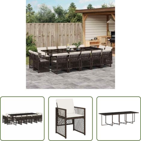 vidaXL Cojines para sillas -  Set comedor de jardín y cojines 15 pzas ratán sintético marrón