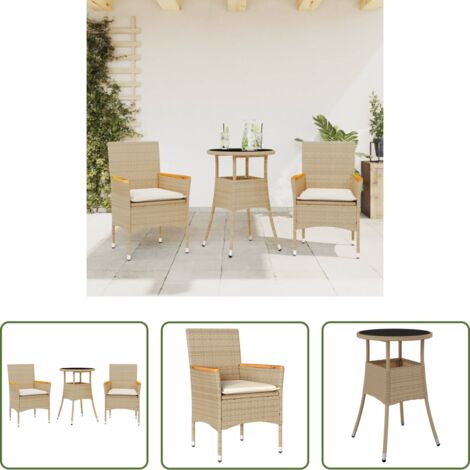 vidaXL Cojines para sillas -  Set comedor jardín 3 pzas cojines ratán sintético vidrio beige