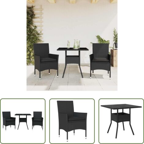 vidaXL Cojines para sillas -  Set comedor jardín 3 pzas cojines ratán sintético vidrio negro