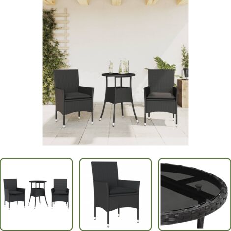 vidaXL Cojines para sillas -  Set comedor jardín 3 pzas cojines ratán sintético vidrio negro