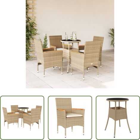 vidaXL Cojines para sillas -  Set comedor jardín 5 pzas cojines ratán sintético vidrio beige