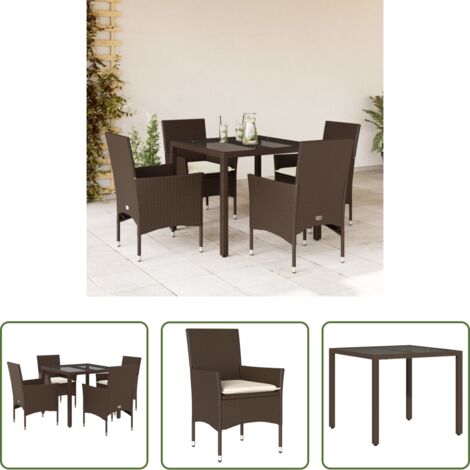 vidaXL Cojines para sillas -  Set comedor jardín 5 pzas cojines ratán sintético vidrio marrón