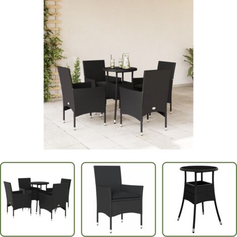 vidaXL Cojines para sillas -  Set comedor jardín 5 pzas cojines ratán sintético vidrio negro