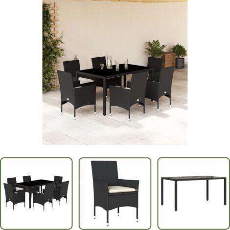 vidaXL Cojines para sillas -  Set comedor jardín 7 pzas cojines ratán sintético vidrio negro