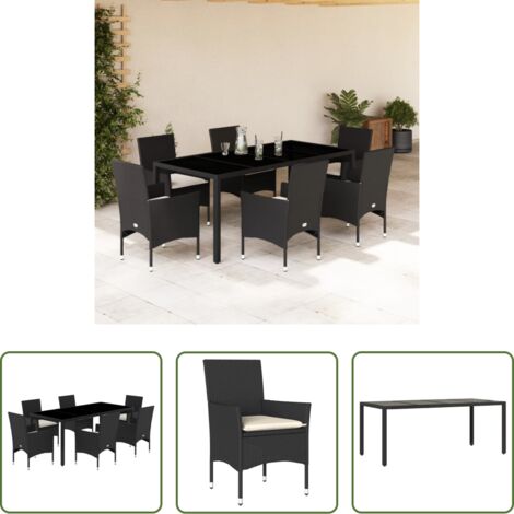 vidaXL Cojines para sillas -  Set comedor jardín 7 pzas cojines ratán sintético vidrio negro