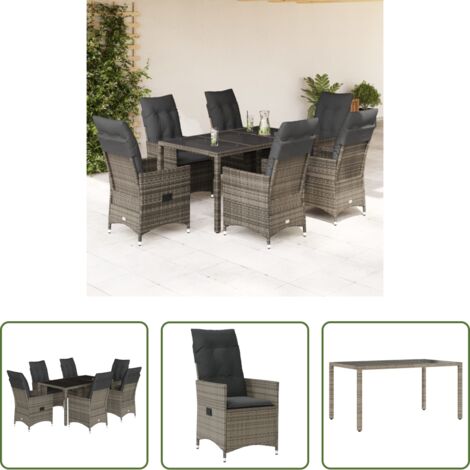 vidaXL Cojines para sillas -  Set comedor jardín 7 pzas y cojines ratán sintético gris