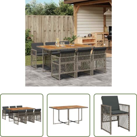 vidaXL Cojines para sillas -  Set comedor jardín 7 pzas y cojines ratán sintético gris