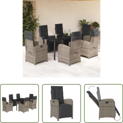 vidaXL Cojines para sillas -  Set comedor jardín 7 pzas y cojines ratán sintético gris