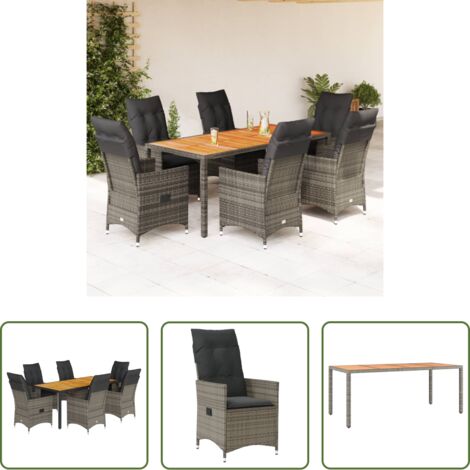 vidaXL Cojines para sillas -  Set comedor jardín 7 pzas y cojines ratán sintético gris