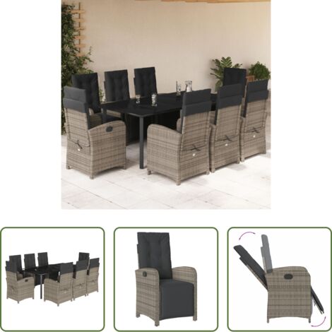 vidaXL Cojines para sillas -  Set comedor jardín 9 pzas y cojines ratán sintético gris