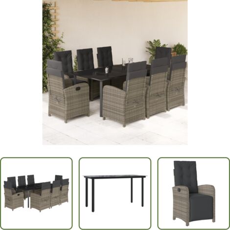 vidaXL Cojines para sillas -  Set comedor jardín 9 pzas y cojines ratán sintético gris