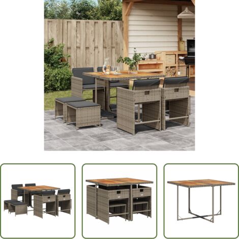 vidaXL Cojines para sillas -  Set comedor jardín 9 pzas y cojines ratán sintético gris