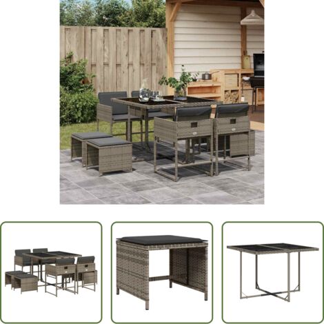 vidaXL Cojines para sillas -  Set comedor jardín 9 pzas y cojines ratán sintético gris