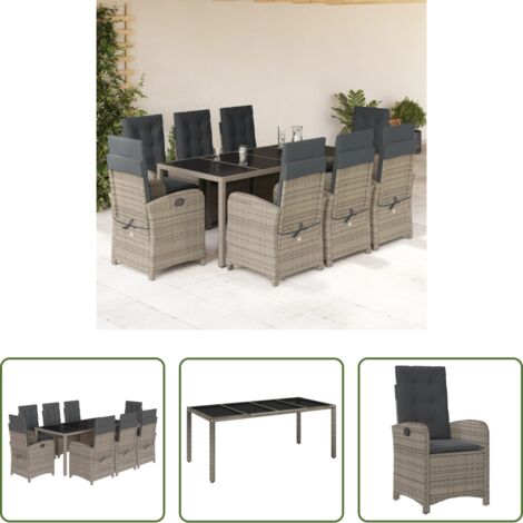 vidaXL Cojines para sillas -  Set comedor jardín 9 pzas y cojines ratán sintético gris