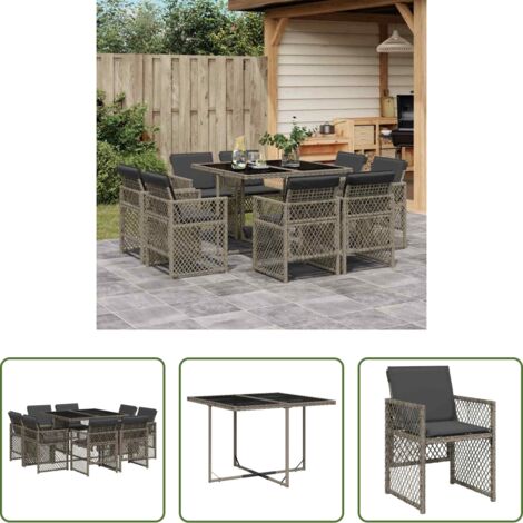 vidaXL Cojines para sillas -  Set comedor jardín 9 pzas y cojines ratán sintético gris