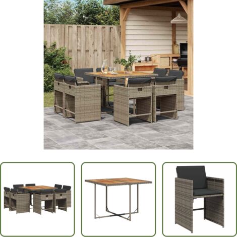 vidaXL Cojines para sillas -  Set comedor jardín 9 pzas y cojines ratán sintético gris