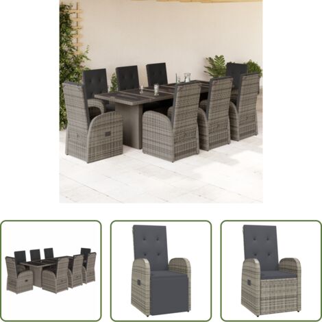 vidaXL Cojines para sillas -  Set comedor jardín 9 pzas y cojines ratán sintético gris