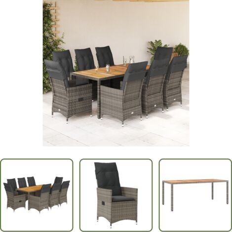vidaXL Cojines para sillas -  Set comedor jardín 9 pzas y cojines ratán sintético gris