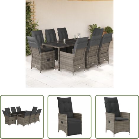 vidaXL Cojines para sillas -  Set comedor jardín 9 pzas y cojines ratán sintético gris