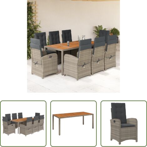 vidaXL Cojines para sillas -  Set comedor jardín 9 pzas y cojines ratán sintético gris