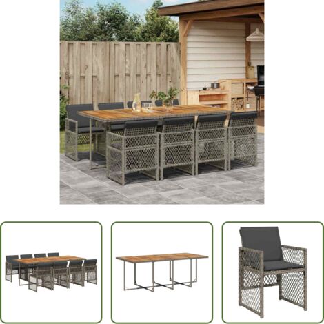 vidaXL Cojines para sillas -  Set comedor jardín 9 pzas y cojines ratán sintético gris