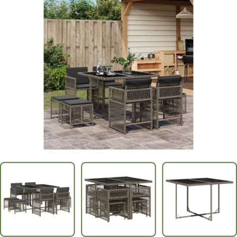 vidaXL Cojines para sillas -  Set comedor jardín 9 pzas y cojines ratán sintético gris