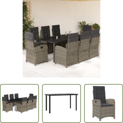 vidaXL Cojines para sillas -  Set comedor jardín 9 pzas y cojines ratán sintético gris