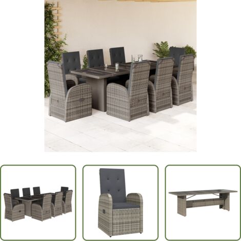 vidaXL Cojines para sillas -  Set comedor jardín 9 pzas y cojines ratán sintético gris