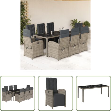 vidaXL Cojines para sillas -  Set comedor jardín 9 pzas y cojines ratán sintético gris