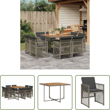 vidaXL Cojines para sillas -  Set comedor jardín 9 pzas y cojines ratán sintético gris
