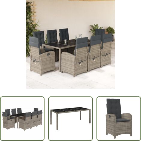 vidaXL Cojines para sillas -  Set comedor jardín 9 pzas y cojines ratán sintético gris
