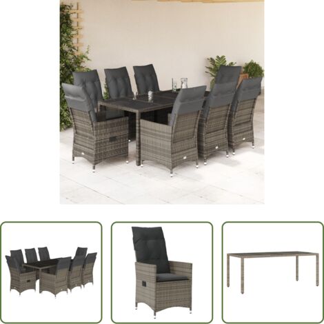 vidaXL Cojines para sillas -  Set comedor jardín 9 pzas y cojines ratán sintético gris