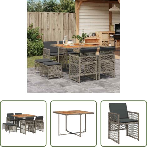 vidaXL Cojines para sillas -  Set comedor jardín 9 pzas y cojines ratán sintético gris