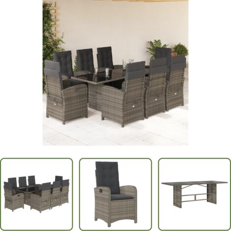 vidaXL Cojines para sillas -  Set comedor jardín 9 pzas y cojines ratán sintético gris