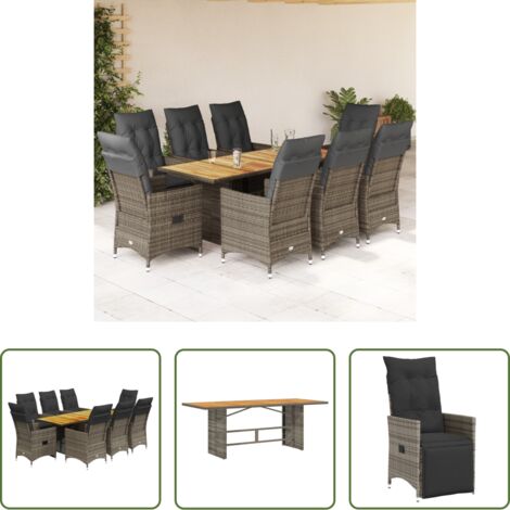 vidaXL Cojines para sillas -  Set comedor jardín 9 pzas y cojines ratán sintético gris