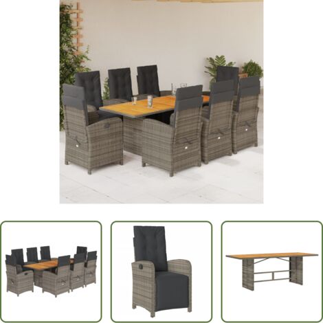 vidaXL Cojines para sillas -  Set comedor jardín 9 pzas y cojines ratán sintético gris