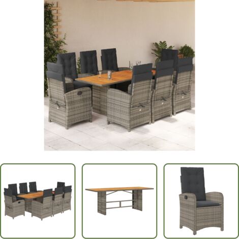 vidaXL Cojines para sillas -  Set comedor jardín 9 pzas y cojines ratán sintético gris