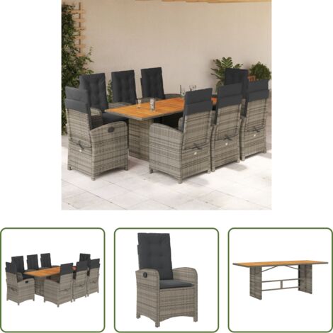 vidaXL Cojines para sillas -  Set comedor jardín 9 pzas y cojines ratán sintético gris